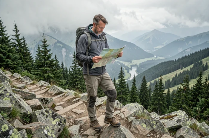 Homme en randonnée consultant une carte topographique sur un sentier de montagne entouré de forêts de pins