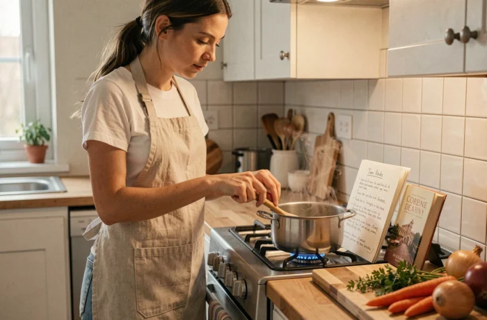 Jeune femme cuisinant une recette complète dans une petite cuisine, consultant une fiche recette manuscrite