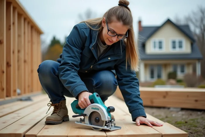 Femme artisane découpant une lame de terrasse en bois avec la scie circulaire sans fil Makita DHS680Z sur un chantier extérieur