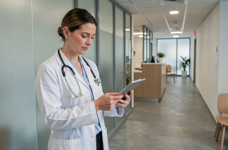 Médecin professionnelle dans un couloir de clinique suisse moderne consultant une tablette médicale