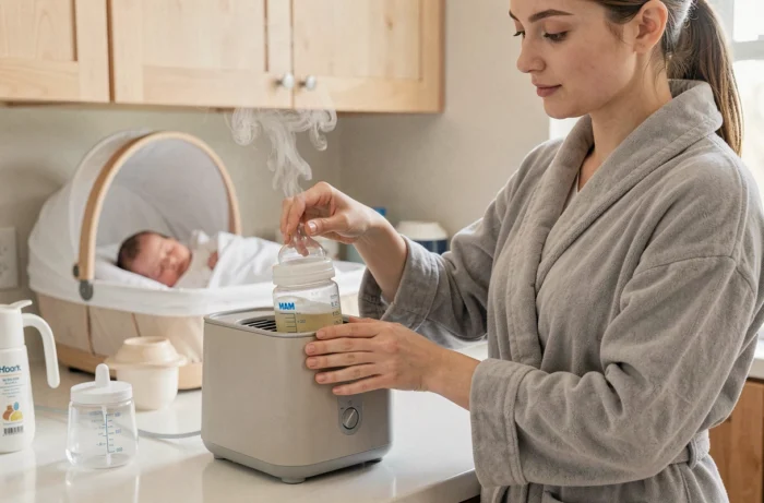 Jeune mère qui place un biberon MAM dans un chauffe-biberon électrique sur un plan de travail de cuisine blanche