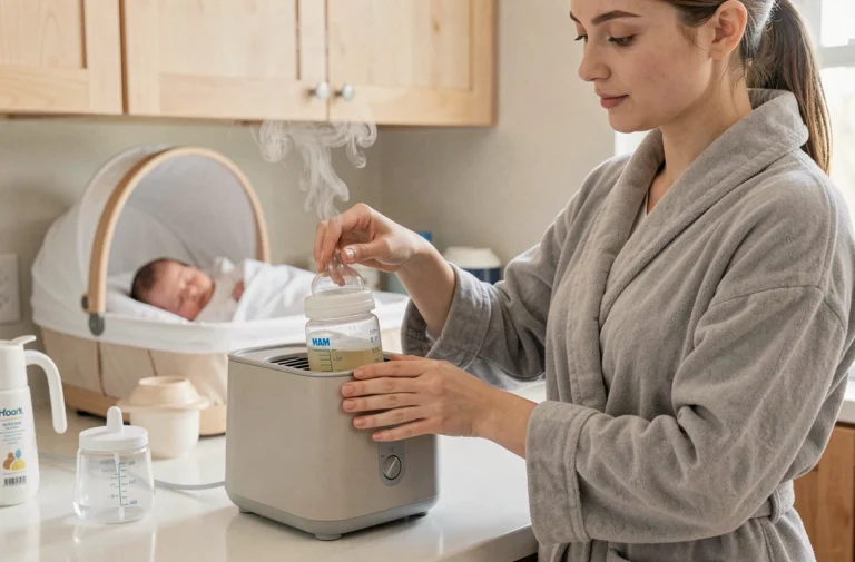 Jeune mère qui place un biberon MAM dans un chauffe-biberon électrique sur un plan de travail de cuisine blanche