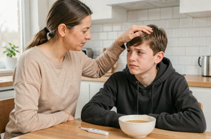 Mère prenant la température de son fils adolescent malade de la grippe dans la cuisine familiale