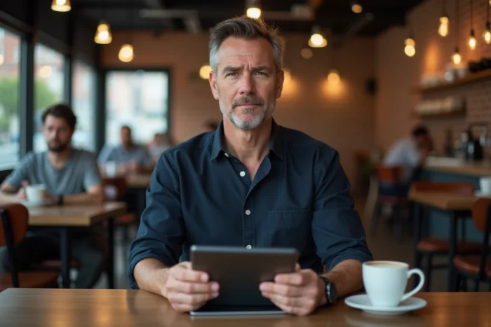 Homme consultant et modifiant son abonnement Altaya sur une tablette dans un café moderne