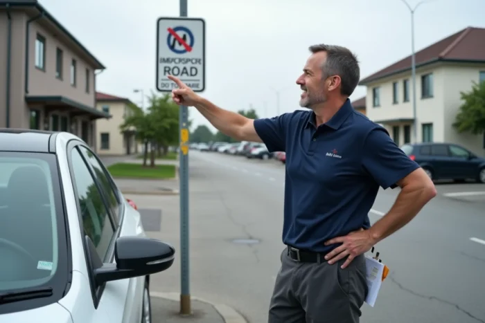 Moniteur d'auto-école expliquant la signalisation routière dans un parking avec panneau de signalisation