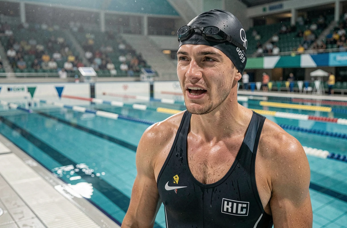 Nageur olympique célèbre commençant par C au bord du bassin après une course