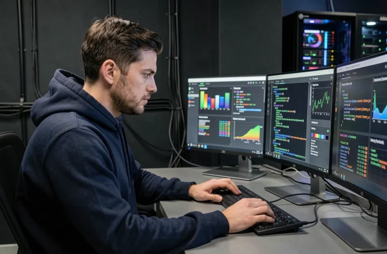 Ingénieur informatique analysant des données de sécurité et des innovations technologiques sur des écrans multiples dans un laboratoire moderne
