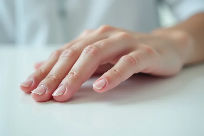 Gros plan sur des ongles déformés avec des stries et une plaque unguéale irrégulière dues à une destruction de la matrice de l'ongle