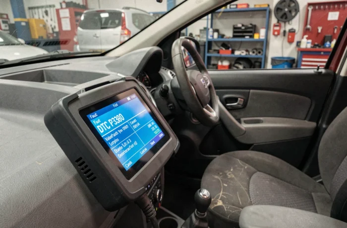 Outil de diagnostic OBD affichant le code défaut DTC sur le tableau de bord d'un Dacia Duster dans un atelier de réparation