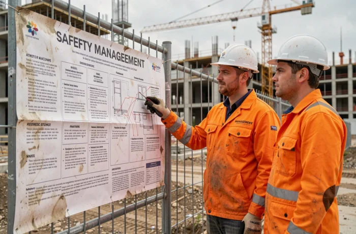 Deux ouvriers sur chantier de construction consultant un affichage de système de management QSE HSE