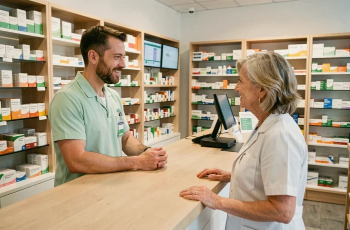 Pharmacien suisse conseillant une patiente dans une pharmacie contemporaine bien organisée