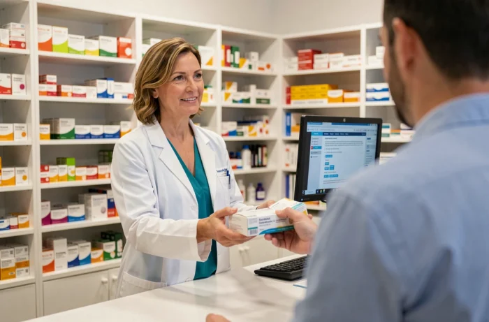 Pharmacienne remettant des médicaments à un client dans une pharmacie française avec conseils sur la conduite