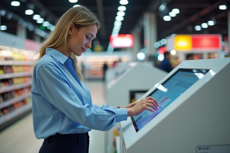 Une femme utilisant une borne de photocopie en libre-service dans un hypermarché Carrefour