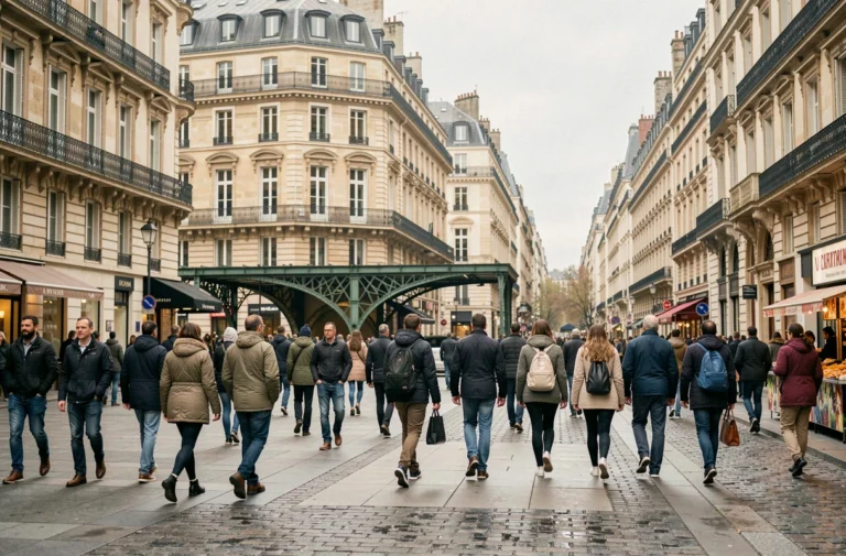 Foule de passants sur la place Châtelet à Paris, ambiance urbaine animée avec façades haussmanniennes et entrée de métro iconique