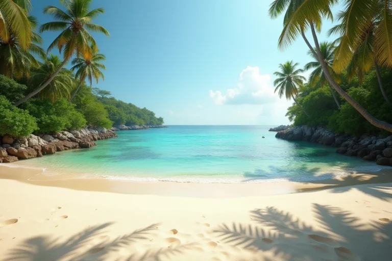 Plage paradisiaque de Guadeloupe au lever du matin avec eau turquoise calme et sable blanc immaculé sans touristes