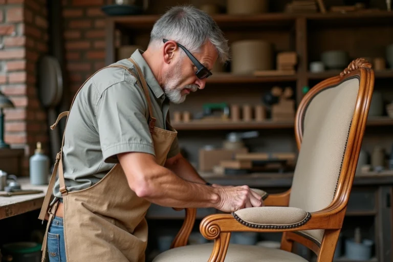 Artisan en train de poncer à la main la patte sculptée d'un fauteuil ancien dans un atelier de restauration de meubles