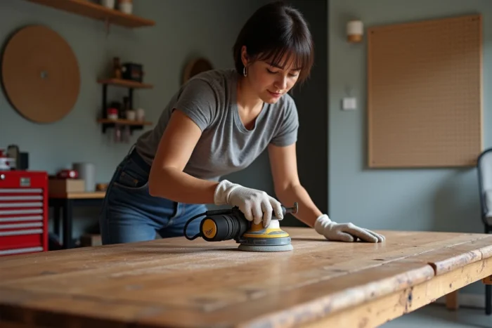 Femme utilisant une ponceuse orbitale électrique pour décaper le plateau d'une table de salle à manger ancienne en chêne dans un garage