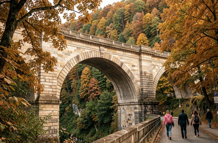 Vue du Pont Adolphe à Luxembourg-Ville en automne avec des touristes se promenant sur le trottoir