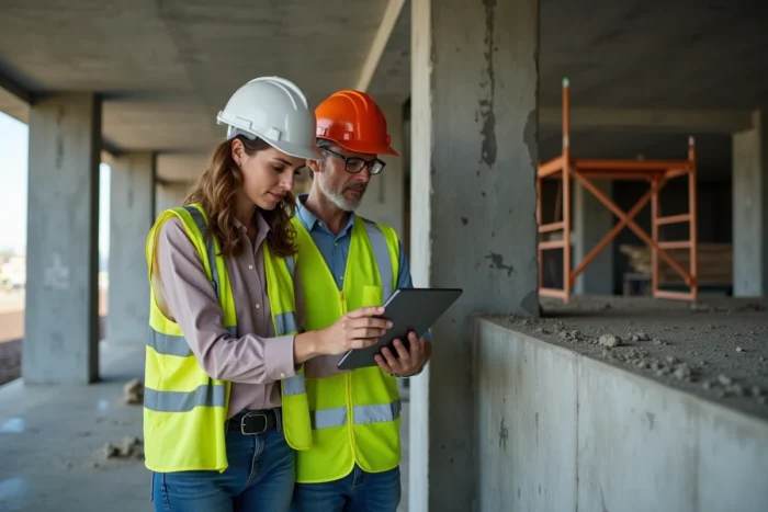 Deux professionnels du BTP examinant des données techniques sur tablette sur un chantier de construction en béton
