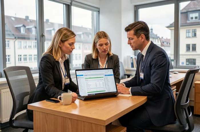 Professionnels de la santé suisses analysant des logiciels de gestion médicale dans un bureau administratif moderne