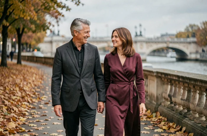 Couple élégant se promenant au bord de la Seine à Paris en automne, complicité amoureuse