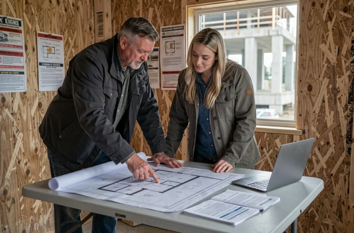 Promoteur immobilier et acheteur en VEFA consultant des plans de construction dans un bureau de chantier