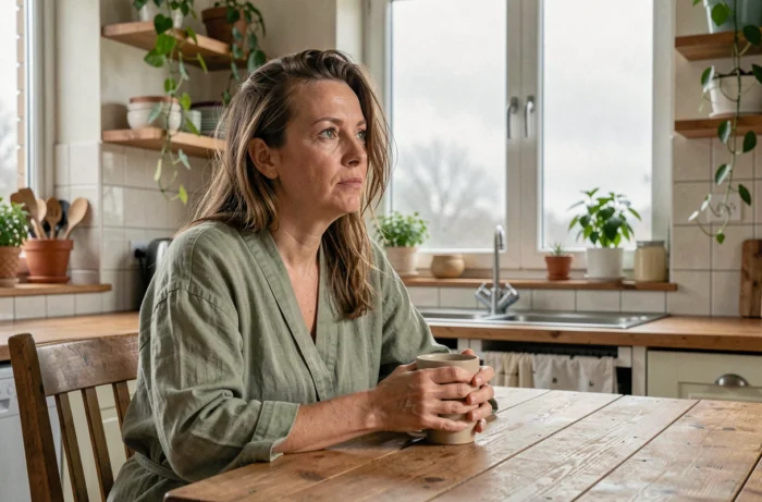 Femme pensive le matin à la cuisine, tenant une tasse, réfléchissant à un rêve troublant après une mauvaise nuit