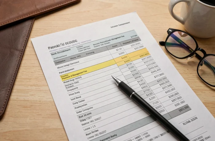 Relevé de compte professionnel avec une ligne de prélèvement Diot Siaci surlignée, stylo et lunettes posés sur le document
