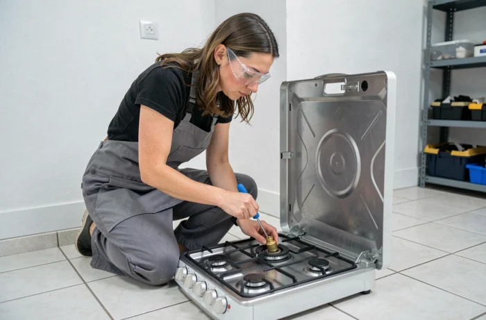 Technicienne remplaçant un gicleur gaz sur une cuisinière domestique dans une buanderie