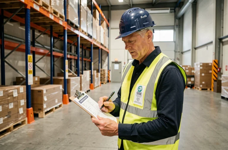 Responsable QSE en gilet haute visibilité vérifiant une liste de contrôle de conformité dans un entrepôt industriel