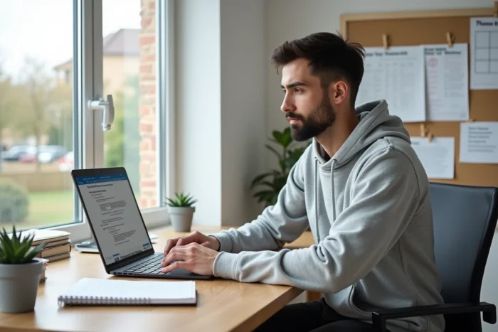 Jeune homme consultant des ressources en ligne pour la garde d'enfants à son bureau à domicile