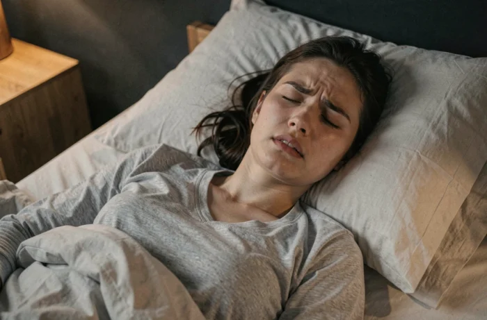 Femme endormie avec expression tendue suggérant un rêve angoissant, dans une chambre sombre aux tons neutres