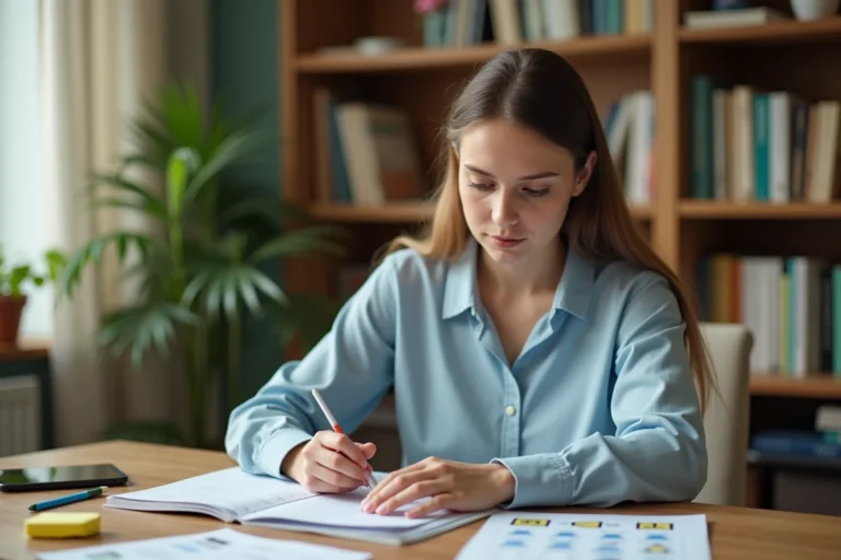 Jeune femme qui révise le code de la route à son bureau avec des livrets et des surligneurs