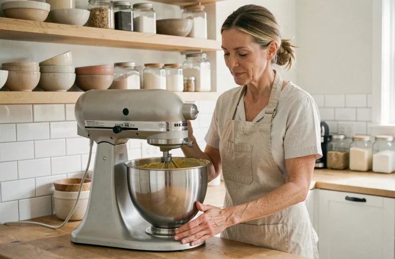 Femme utilisant un robot pâtissier dans une cuisine moderne pour préparer une pâte à gâteau