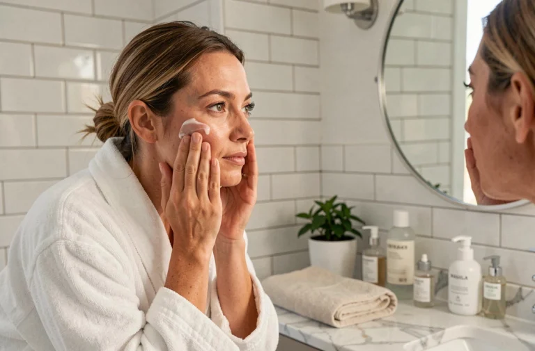 Femme appliquant une crème hydratante devant son miroir de salle de bain dans le cadre d'une routine beauté matinale