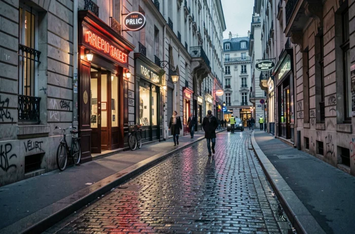 Rue pavée et mouillée près de Châtelet à Paris au crépuscule, ambiance urbaine contrastée entre commerces animés et passants pressés
