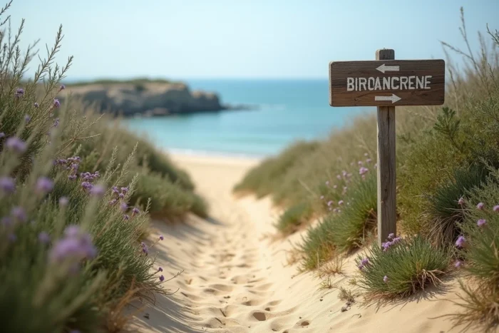 Sentier naturel menant à une plage cachée sur l'île de Ré avec panneau en bois et végétation côtière