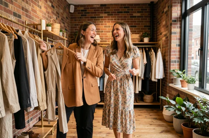 Deux femmes souriantes en train de faire du shopping dans une boutique de mode tendance avec des portants de vêtements