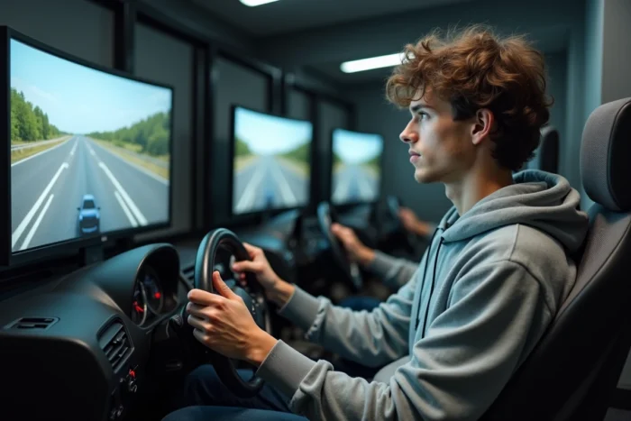 Jeune homme s'entraînant sur simulateur de conduite en auto-école pour préparer le permis de conduire