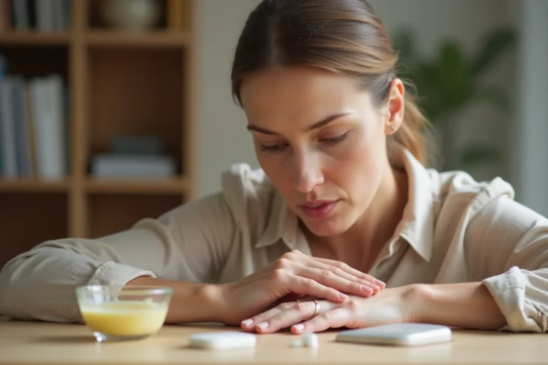 Femme examinant attentivement ses ongles abîmés à cause d'une matrice détruite, avec un kit de soin des ongles sur une table en bois
