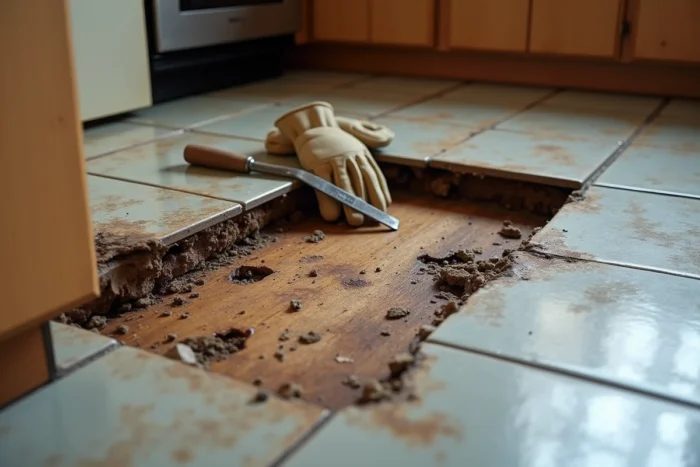Gros plan sur un sous-plancher en bois pourri et humide découvert sous des carreaux de vinyle soulevés dans une cuisine