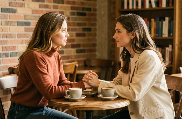 Deux femmes se tenant les mains dans un café, représentant le soutien émotionnel et la bienveillance dans la reconstruction intérieure