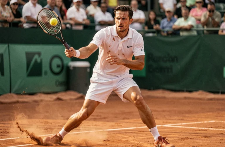Joueur de tennis célèbre commençant par C en plein effort sur un court en terre battue