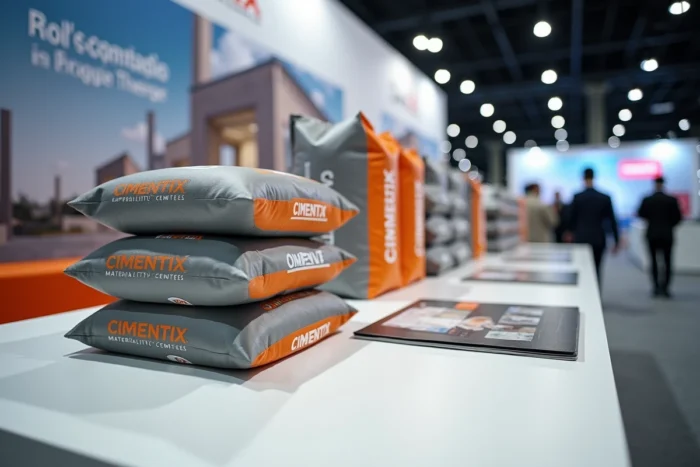 Stand d'exposition Cimentix avec sacs de ciment, échantillons de matériaux et brochures lors d'un salon professionnel du BTP