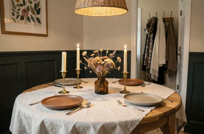 Table à manger intime et rustique dressée avec des bougies en cire d'abeille et des fleurs séchées pour une ambiance chaleureuse