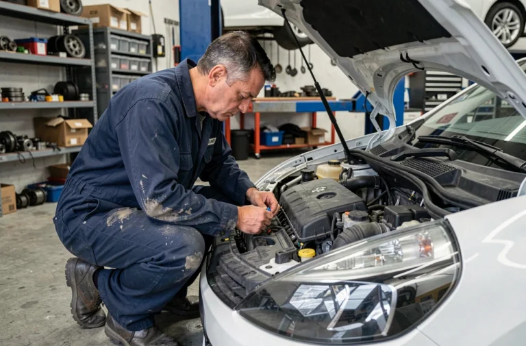 Technicien automobile inspectant les connecteurs électriques dans le compartiment moteur d'une Renault Clio blanche dans un garage professionnel