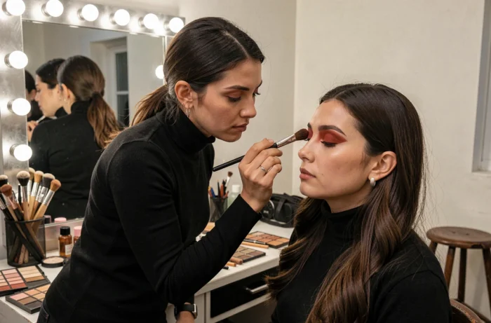 Maquilleuse professionnelle appliquant un fard à paupières tendance sur un modèle dans une loge de backstage professionnelle