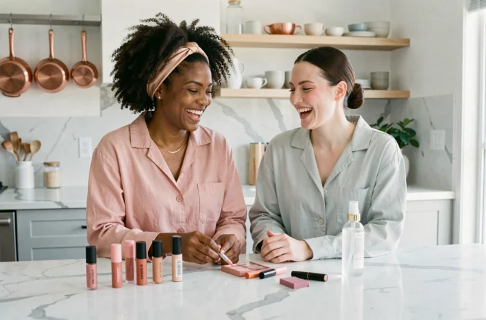Deux femmes partageant et testant les dernières tendances beauté avec des produits de soin colorés sur un plan de travail en marbre