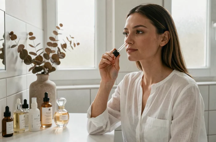 Femme appliquant un sérum visage avec des produits de beauté tendance sur une coiffeuse moderne dans un appartement parisien