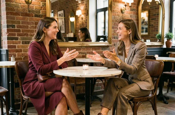 Deux femmes élégantes dans un café parisien discutant de mode, portant des tenues tendance de saison contrastées